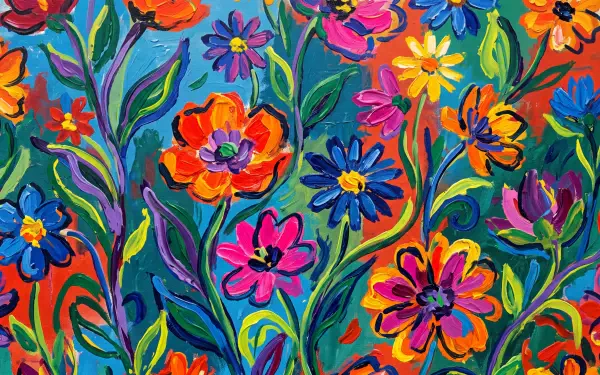 Vibrant hand-painted flower pattern of bold orange, pink and blue blooms with swirling green stems — 5K Ultra HD PC desktop wallpaper and background.