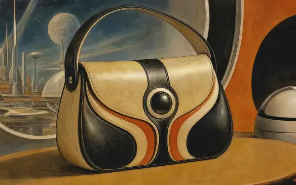 Retro-futuristic purse motif on a 4K Ultra HD PC desktop wallpaper and background: cream, black and orange handbag set against a sci-fi cityscape.