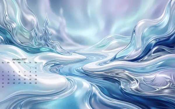 January 2027 calendar on a 5K Ultra HD PC desktop wallpaper and background: glossy icy-blue and silver fluid swirls forming a flowing, abstract landscape.
