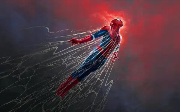 Spider-Man (Brand New Day) hurtling through a crimson sky with webs streaming behind him — 2K Quad HD PC desktop wallpaper/background.