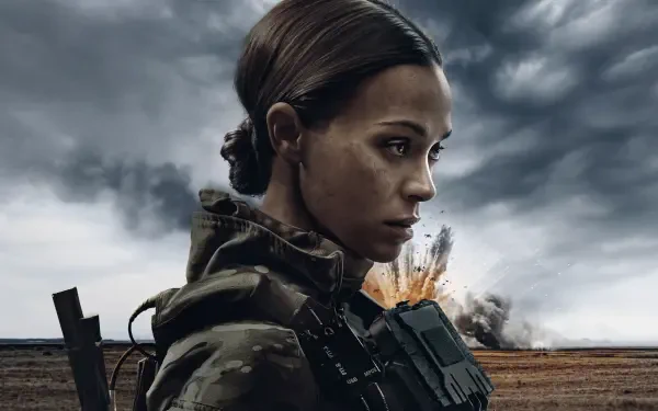 Special Ops: Lioness — 4K Ultra HD PC wallpaper: female special-ops soldier in profile, wearing tactical gear against a stormy sky with a distant explosion.