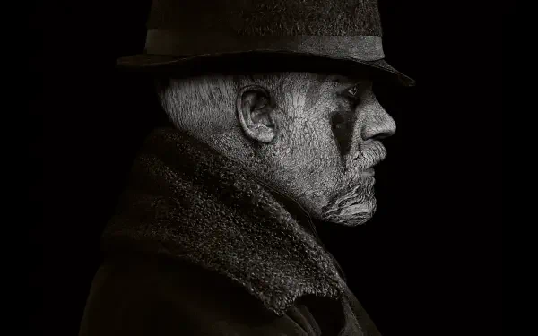 Moody monochrome profile of an elderly man in a fedora and fur-collared coat against black — Taboo themed 4K Ultra HD PC desktop wallpaper/background.