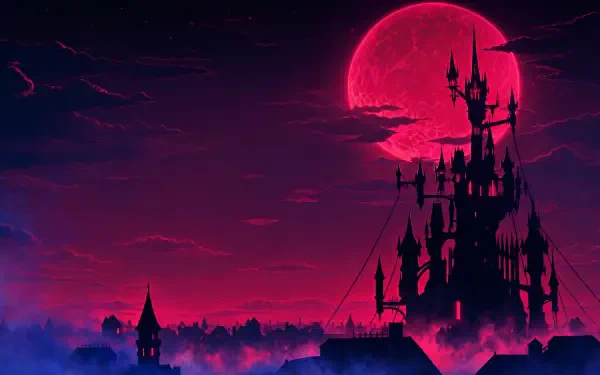 Castlevania Belmont's Curse 4K Ultra HD PC desktop wallpaper — silhouetted gothic castle beneath a blood-red moon over a misty purple skyline.