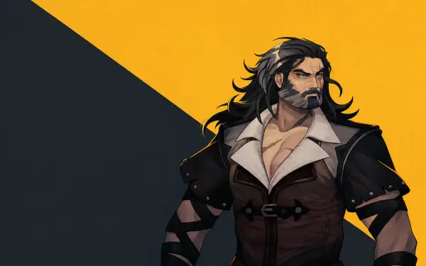 Castlevania: Belmont's Curse — rugged Belmont vampire hunter in a leather coat against a diagonal black-and-gold backdrop. 4K Ultra HD PC desktop wallpaper from the Castlevania video game.