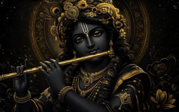4K Ultra HD PC wallpaper of Lord Krishna: dark-skinned divine figure playing flute, ornate golden jewelry and halo against an intricate black-and-gold floral background.
