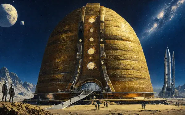 5K Ultra HD PC Desktop Wallpaper and Background: towering golden dome habitat on an alien desert, tiny figures on a ramp, rocket at right, twin moons and a starry galaxy overhead.