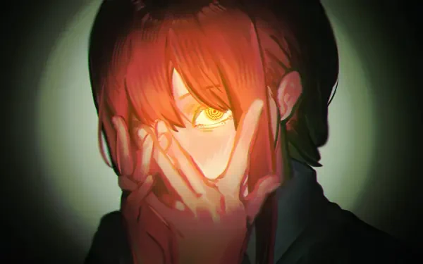 HD anime desktop wallpaper of Makima from Chainsaw Man, hand covering her face as one glowing eye peers through a dark, vignetted background.