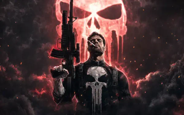 Vigilante Punisher stands in a 4K Ultra HD PC desktop wallpaper, holding a rifle before a glowing skull emblem amid smoke and red highlights.