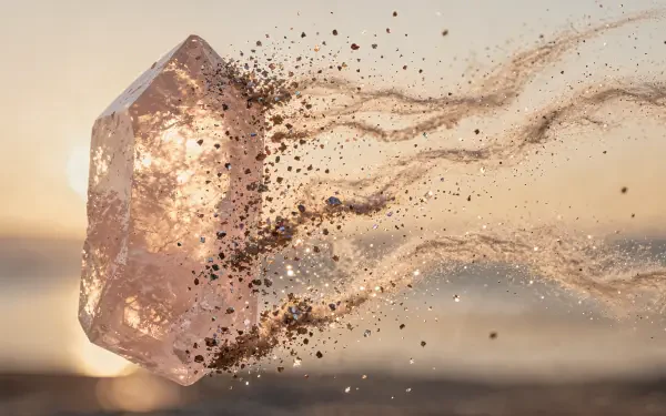 Rose quartz gemstone crystal fragment dissolving into fine dust and light streaks against a soft sunset — 4K Ultra HD PC desktop wallpaper background.
