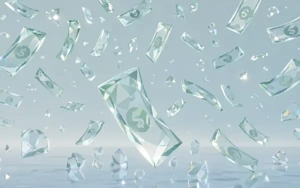 4K Ultra HD PC desktop wallpaper of glass shards and banknotes raining through a reflective, pastel-toned space, bills and crystalline fragments suspended midair.