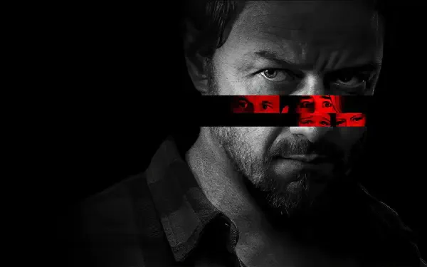 4K Ultra HD PC desktop wallpaper Speak No Evil — shadowed male face with intense glare, black bar over eyes with red glitch text, moody high-contrast background.