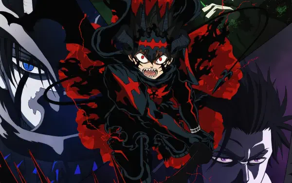 Black Clover 4K Ultra HD PC desktop wallpaper: Asta in Black Asta form lunging forward, red-black mana swirling, shadowy faces of allies and enemies loom in the background.