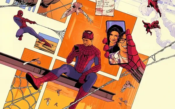 Spider-Man: Brand New Day 4K Ultra HD PC desktop wallpaper — comic panels of Spider-Man perched on a beam, swinging, pointing, and checking a phone displaying MJ's photo.