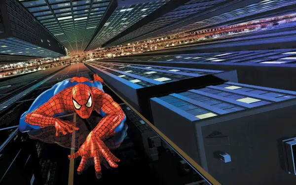 Spider-Man: The Animated Series HD PC desktop wallpaper background — Spider-Man clings to a glass skyscraper, reaching toward the viewer as city lights streak below.