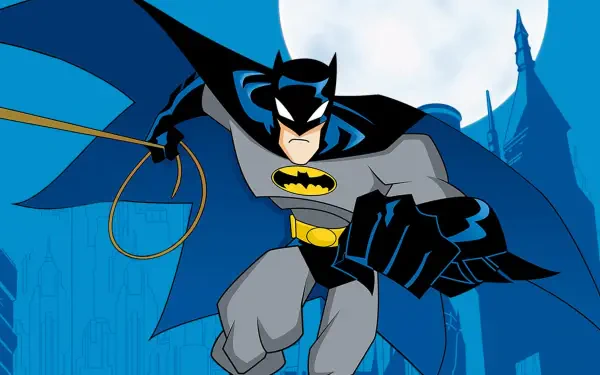 The Batman (Series) 4K Ultra HD PC desktop wallpaper: animated Batman swoops over moonlit Gotham skyline, cape billowing, holding a grappling line and batarang.