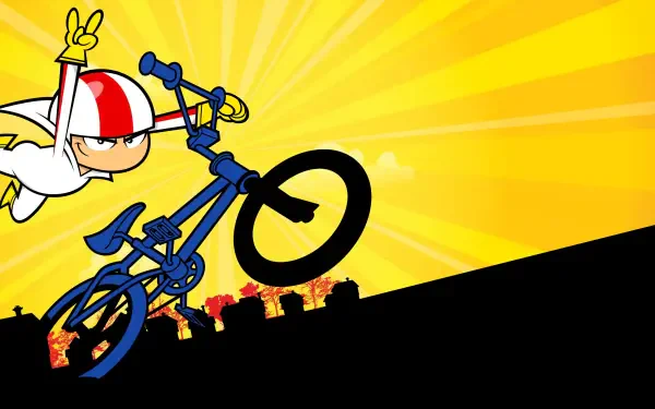 Kick Buttowski in a white suit and red-striped helmet launching a blue BMX over silhouetted rooftops on a yellow sunburst — 4K Ultra HD PC desktop wallpaper and background.