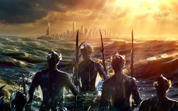 The War Between the Land and the Sea — 4K Ultra HD PC desktop wallpaper: trident-wielding sea-warriors wade through stormy waves toward a distant city beneath a fiery, dramatic sky.