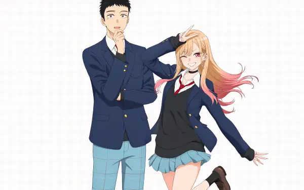 My Dress-Up Darling anime 4K Ultra HD PC desktop wallpaper: a navy-blazer boy and a blonde-pink–haired schoolgirl pose cheerfully against a clean white background.