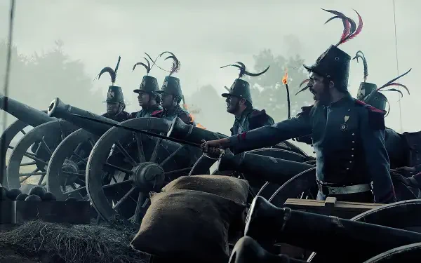 Cinco de Mayo: The Battle — 4K Ultra HD PC wallpaper of uniformed soldiers manning cannons on a smoky battlefield, feathered helmets and torches at dawn.