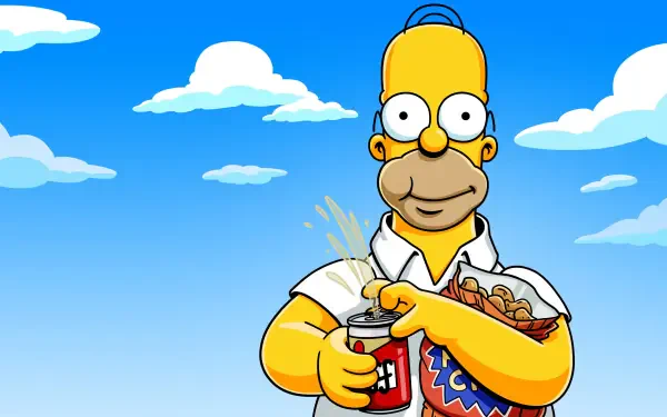 Homer Simpson from The Simpsons grins, holding a beer and snacks against a bright blue sky — 4K Ultra HD PC desktop wallpaper background.