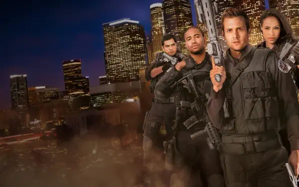 S.W.A.T. Under Siege HD PC desktop wallpaper: four SWAT officers in black tactical gear holding rifles against a nighttime city skyline.
