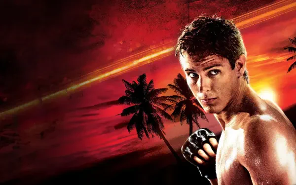 HD PC desktop wallpaper/background: shirtless MMA fighter with gloves poised to strike against a fiery red-orange sunset and silhouetted palm trees, captioned Never Back Down.