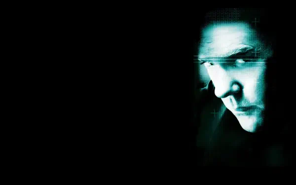 4K Ultra HD PC desktop wallpaper (tag 24) — eerie blue-green glitched portrait of a face emerging from black, cyberpunk neon shadows.