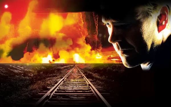 24 | 4K Ultra HD PC desktop wallpaper: train tracks recede toward a fiery explosion on the horizon, with a shadowed male profile filling the right edge of the frame.