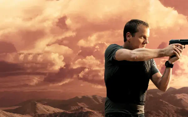 4K Ultra HD PC desktop wallpaper (tag 24): a man aiming a handgun to the right against dramatic orange clouds and a rugged mountain landscape.