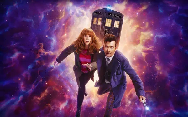 Doctor Who (2005) 4K Ultra HD PC desktop wallpaper: the TARDIS with the Doctor and a companion falling through a vivid purple, star-streaked cosmic vortex.