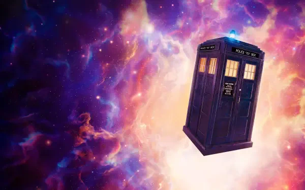 Doctor Who (2023) 4K Ultra HD PC desktop wallpaper: the TARDIS hovering through a glowing purple, pink and orange nebula.
