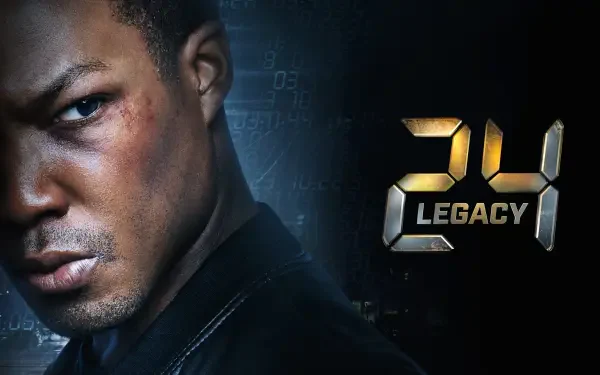 4K Ultra HD PC desktop wallpaper for 24: Legacy — close-up of a determined male lead with a bruised cheek against a dark textured background and metallic 24: Legacy logo.