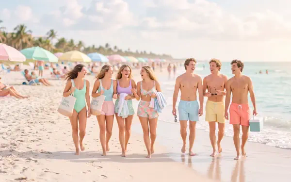 Group of friends walking along a sunny spring-break beach, laughing by the surf — 5K Ultra HD PC desktop wallpaper and background.