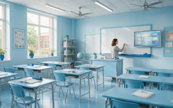 4K Ultra HD PC desktop wallpaper: bright school classroom with rows of blue desks and a teacher writing on a whiteboard by sunlit windows.