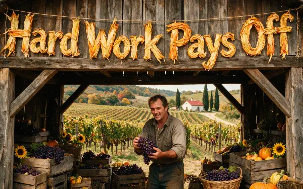 Farmer smiles holding grapes under a wooden Hard Work Pays Off sign in a sunlit vineyard, crates of fruit and sunflowers — 4K Ultra HD PC desktop wallpaper.