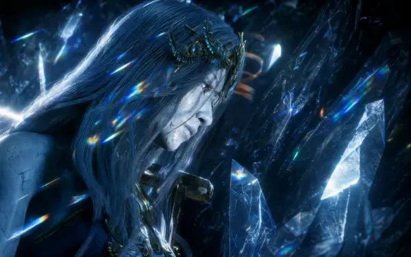 Phantom Blade Zero anime portrait: pale, long-haired warrior with crown-like ornament amid glowing crystal shards — 4K Ultra HD PC desktop wallpaper