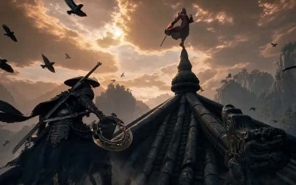 Phantom Blade Zero 4K Ultra HD PC desktop wallpaper and background: two warriors on a tiled roof at sunset, one standing on the spire as birds circle beneath dramatic clouds.