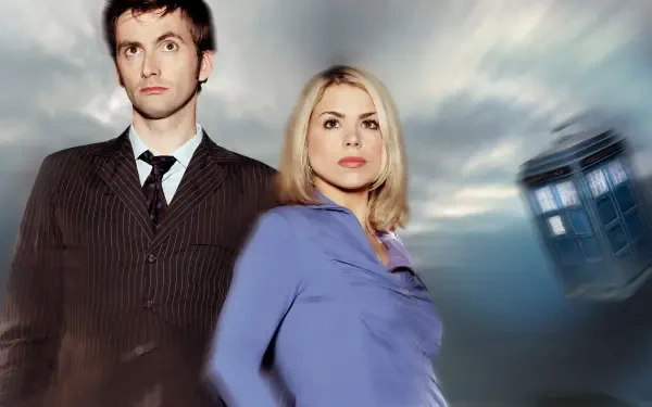 Doctor Who (2005) 4K Ultra HD PC wallpaper: the Doctor and companion stand against a stormy sky as the TARDIS blurs past, dramatic lighting and motion blur.