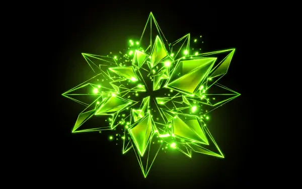 Amoled abstract geometric star formed from glowing green crystal shards, sparkling and faceted on a deep black background; 5K Ultra HD PC desktop wallpaper.