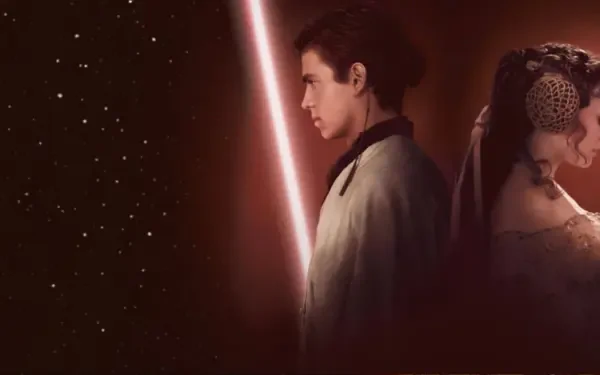 Star Wars Episode II: Attack of the Clones HD PC desktop wallpaper: two figures back-to-back with a glowing lightsaber between them and a starfield background.
