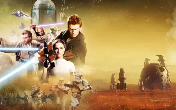 Star Wars Episode II: Attack of the Clones 4K Ultra HD PC desktop wallpaper featuring Anakin, Padmé and Obi‑Wan with clone troopers and starfighters over a desert battlefield.