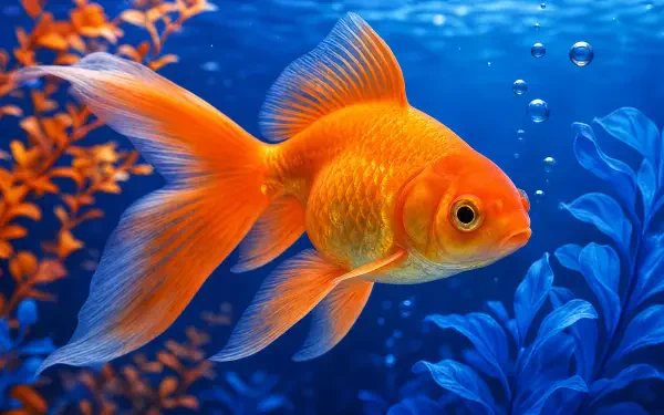 Vibrant orange goldfish (fish) in a blue aquatic scene, detailed 4K Ultra HD PC desktop wallpaper background.