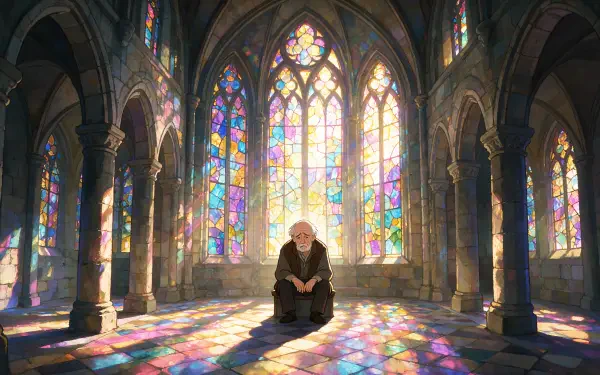 4K Ultra HD desktop wallpaper of a cathedral church interior with luminous stained-glass windows casting colorful light across stone arches and a solitary figure seated on the floor.