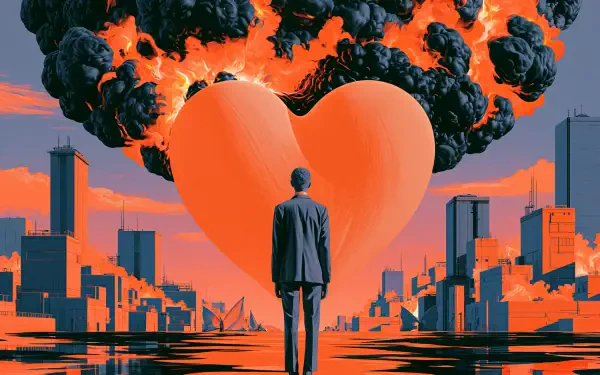 2K Quad HD PC desktop wallpaper and background: lone man in suit faces a giant glowing heart above a city, fiery clouds and reflective streets symbolizing humanity.