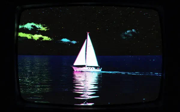 4K Ultra HD PC desktop wallpaper/background: sailing sailboat at night, neon-lit white sails and glowing reflection on calm sea under a starry sky.