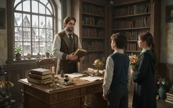 4K Ultra HD PC wallpaper: a teacher in a cozy library holds a book while two students stand at an antique desk — a teacher appreciation scene.