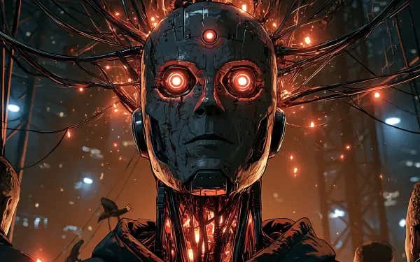Sci-Fi robot Android with glowing red eyes and exposed circuitry, cables trailing into a dark forest — 2K Quad HD PC desktop wallpaper, artificial intelligence theme.