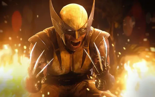 Marvel's Wolverine from X-Men lunges forward, claws extended and roaring amid blazing embers — 4K Ultra HD PC desktop wallpaper.