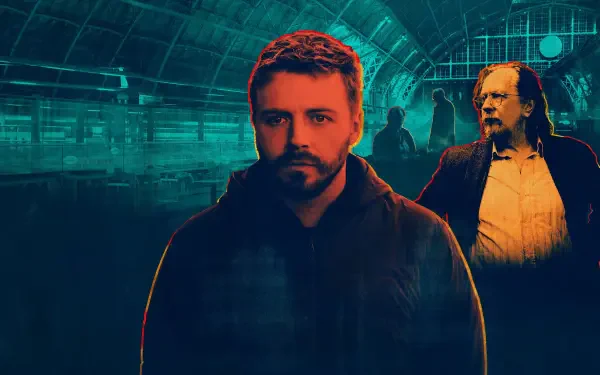Slow Horses 4K Ultra HD PC desktop wallpaper and background: moody teal-orange composite of two brooding agents in a tunnel, one centered and one silhouetted behind.