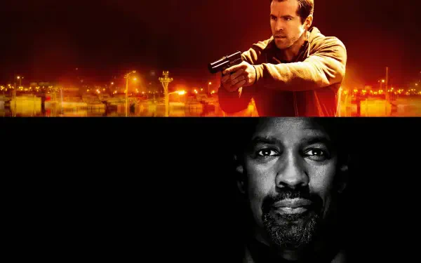 Safe House 4K Ultra HD PC desktop wallpaper: split composition — top shows a man aiming a pistol against glowing city lights; bottom shows a dramatic, shadowed close-up portrait.